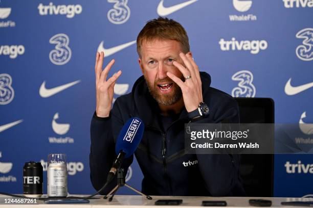 Graham Potter of Chelsea during a press conference at Chelsea Training Ground on November 11, 2022 in Cobham, England.
