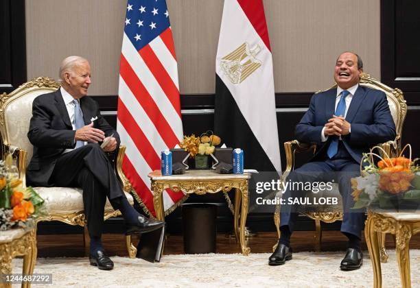 Egyptian President Abdel Fattah El-Sisi and his US counterpart Joe Biden hold a meeting on the sidelines of the COP27 summit, in Egypt's Red Sea...