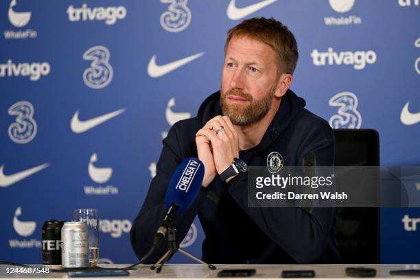 Graham Potter of Chelsea during a press conference at Chelsea Training Ground on November 11, 2022 in Cobham, England.