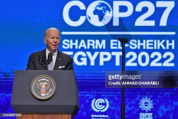President Joe Biden delivers a speech during the COP27 summit in Egypt's Red Sea resort city of Sharm el-Sheikh, on November 11, 2022. - Biden...