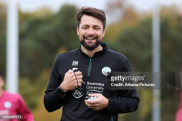 Swansea City manager Russell Martin in action during the Swansea City Training Session at St George's on November 11, 2022 in Burton, England.