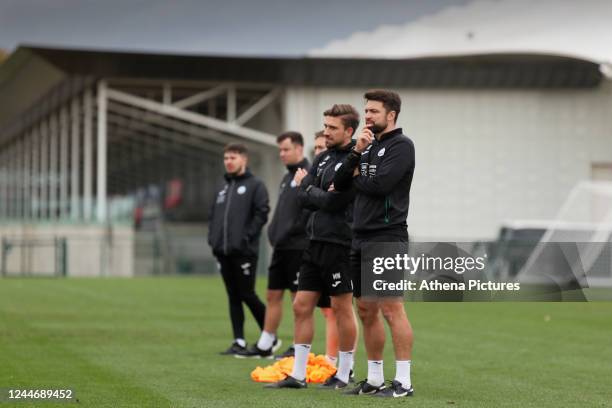 Head of Physical Performance Matt Willmott and Swansea City manager Russell Martin observe the players as they train during the Swansea City Training...