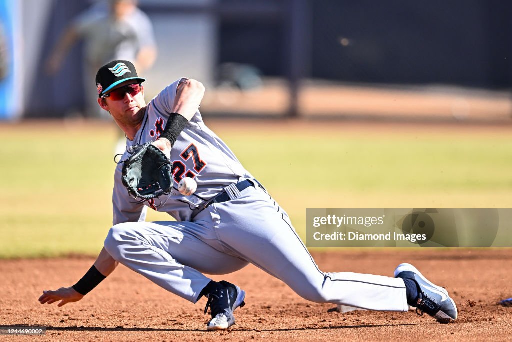 Salt River Rafters Gage Workman of the Salt River Rafters fields a ground ball during a ...