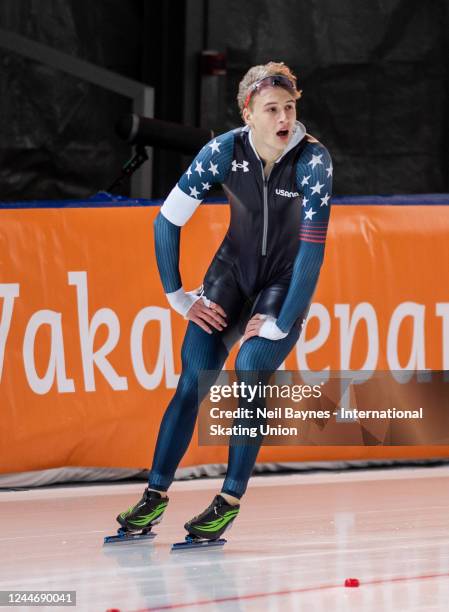 Jordan Stolz of the United States skates on his way to setting a new world record during the 1500m Men Division A during the ISU World Cup Speed...