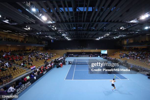 Eva Lys of Germany plays a forehand shot against Petra Martic of Croatia during the Day One Billie Jean King Cup Play-Off match between the Croatia...