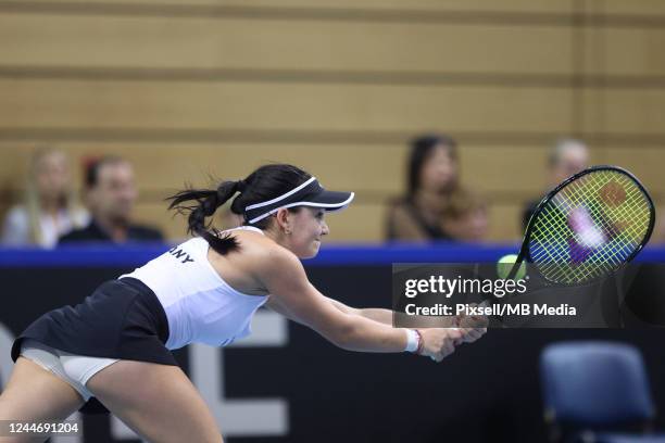 Eva Lys of Germany plays a backhand shot against Petra Martic of Croatia during the Day One Billie Jean King Cup Play-Off match between the Croatia...