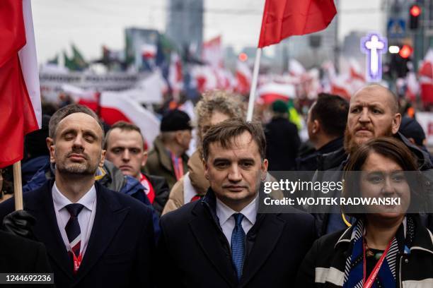 Polish Justice Minister Zbigniew Ziobro is seen as participants attend in the country's Independence Day march organised by nationalist groups in...