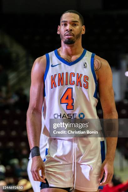 Garrison Brooks of the Westchester Knicks prepares to shoot a free throw during an NBA G League game against the Raptors 905 at the Paramount Fine...