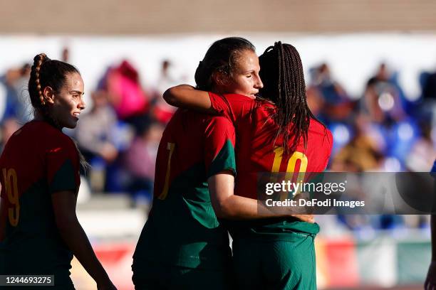 Vanessa Marques of Portugal celebrates after scoring his team's second goal with teammates during the Women's International Friendly match between...
