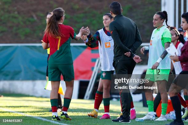 Vanessa Marques of Portugal celebrates after scoring his team's first goal with teammates during the Women's International Friendly match between...