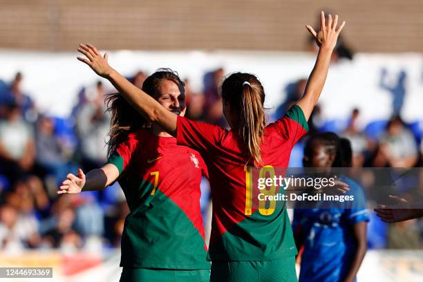 Vanessa Marques of Portugal celebrates after scoring her team's first goal during the Women's International Friendly match between Portugal and Haiti...