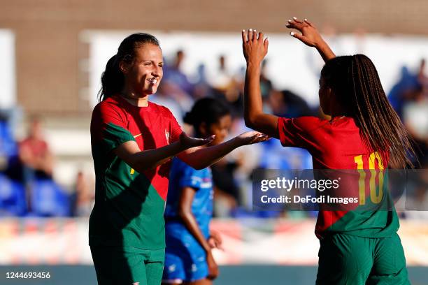 Vanessa Marques of Portugal celebrates after scoring his team's second goal with teammates during the Women's International Friendly match between...