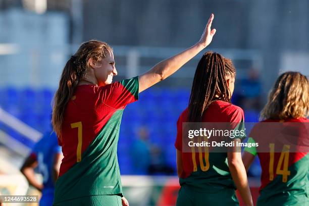Vanessa Marques of Portugal celebrates after scoring her team's second goal during the Women's International Friendly match between Portugal and...