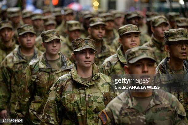 Army soldiers march during the annual Veterans Day Parade in New York on November 11, 2022.