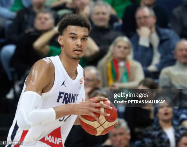 France's Victor Wembanyama reacts during the FIBA Basketball World Cup 2023 Qualifiers second round Group K match between Lithuania and France in...