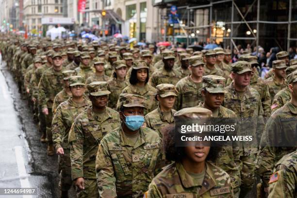 Army soldiers march during the annual Veterans Day Parade in New York on November 11, 2022.