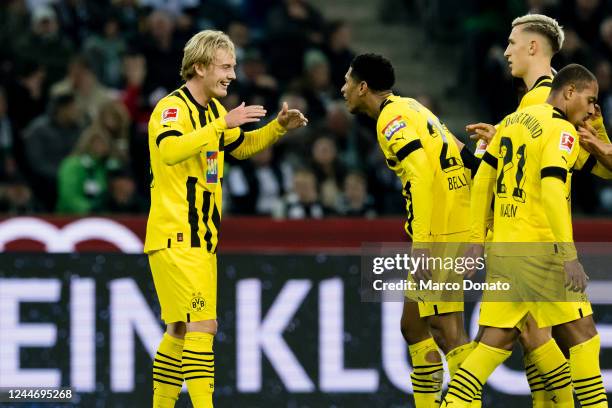 Julian Brandt of Borussia Dortmund celebrates scoring his goal for 1:1 during the Bundesliga match between Borussia Moenchengladbach and Borussia...