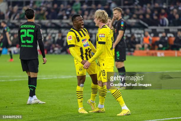 Julian Brandt of Borussia Dortmund celebrates after scoring his team's first goal with teammates during the Bundesliga match between Borussia...