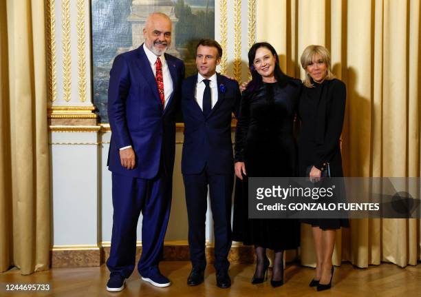 French President Emmanuel Macron poses alongside his wife Brigitte Macron , Albania's Prime Minister Edi Rama and Albania's Prime Minister's wife...
