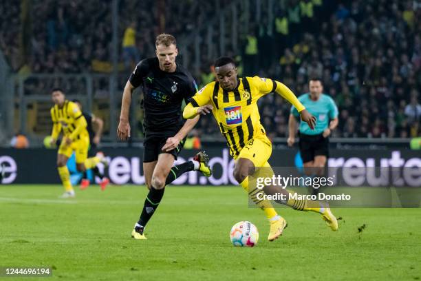 Youssoufa Moukoko of Borussia Dortmund in action during the Bundesliga match between Borussia Moenchengladbach and Borussia Dortmund at the...