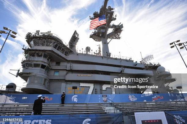 General view of the island and seating area during the Armed Forces Classic Carrier Edition onboard the flight deck of the USS Abraham Lincoln...