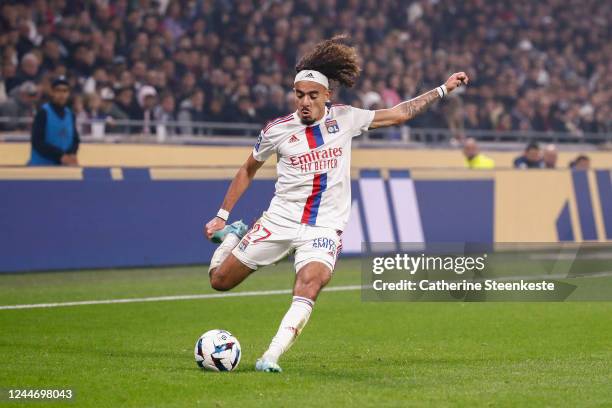 Malo Gusto of Olympique Lyonnais shoots the ball during the Ligue 1 match between Olympique Lyonnais and OGC Nice at Groupama Stadium on November 11,...