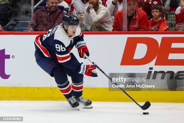 Nicolas Aube-Kubel of the Washington Capitals skates with the puck during a game against the Tampa Bay Lightning at Capital One Arena on November 11,...