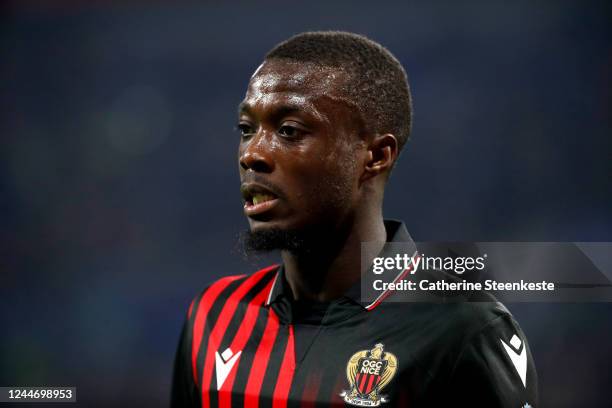 Nicolas Pepe of OGC Nice looks on during the Ligue 1 match between Olympique Lyonnais and OGC Nice at Groupama Stadium on November 11, 2022 in Lyon,...