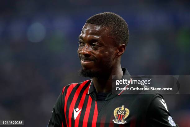 Nicolas Pepe of OGC Nice looks on during the Ligue 1 match between Olympique Lyonnais and OGC Nice at Groupama Stadium on November 11, 2022 in Lyon,...