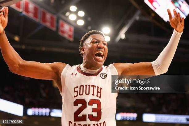 Gregory Jackson II of the South Carolina Gamecocks hypes up the crowd before half time during a basketball game between the South Carolina Gamecocks...