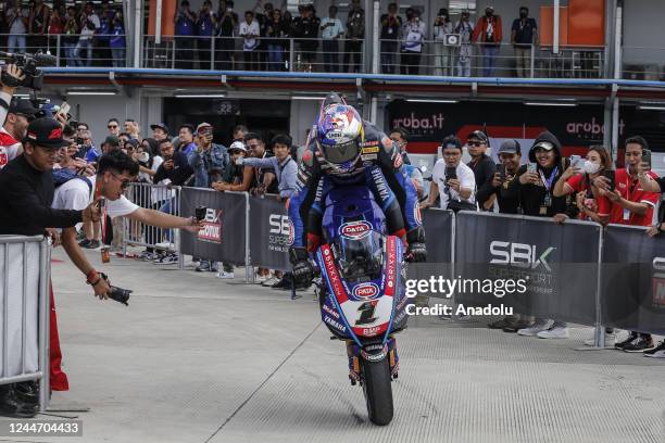 Turkish superbike rider Toprak Razgatlioglu of Yamaha Pata With Brixx celebrates after winning Race 1 of Pirelli Indonesian Round - World Superbike...