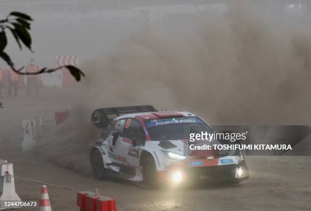 Kalle Rovanpera and his co-driver Jonne Halttunen of Finland drive their Toyota GR Yaris Rally1 Hybrid during the Rally Japan, the 13th round of the...