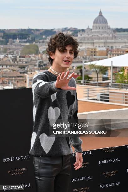 Actor Timothee Chalamet poses during a photocall for the film "Bones And All" on November 12, 2022 in Rome.