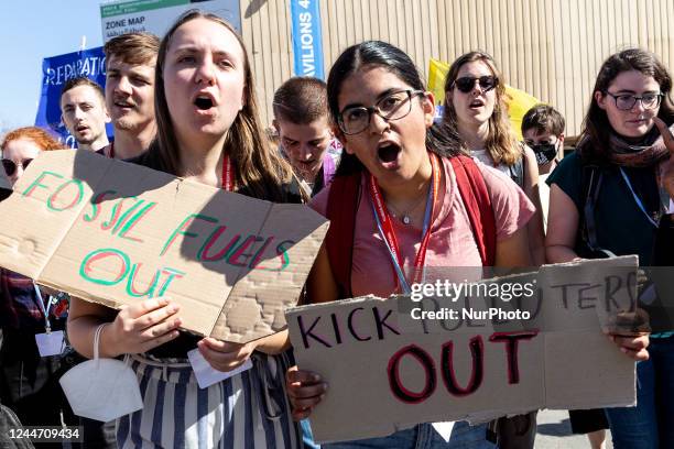 Young activists protest demanding climate action and Loss and Damage reparations on the seventh day of the COP27 UN Climate Change Conference, held...