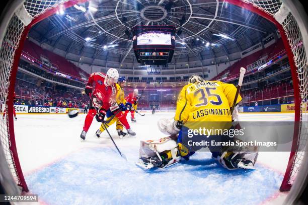 Nando Eggenberger of Switzerland against Joel Lassinantti of Sweden during the Karjala Cup 2022 game between Sweden and Switzerland at Gatorade...