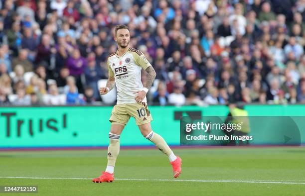 James Maddison of Leicester City during the Premier League match between West Ham United and Leicester City at London Stadium on November 12, 2022 in...