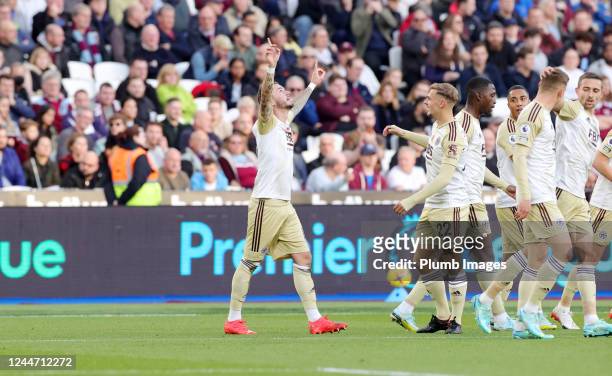 James Maddison of Leicester City celebrates after scoring to make it 0-1 during the Premier League match between West Ham United and Leicester City...