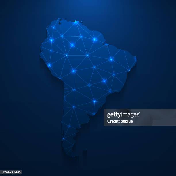 south america map network - bright mesh on dark blue background - south stock illustrations