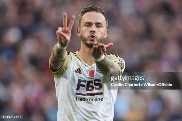 James Maddison of Leicester City holds up two fingers and blows a kiss as he celebrates scoring the opening goal during the Premier League match...
