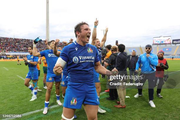 Michele Lamaro of Italy celebrates the victory after during the Autumn International match between Italy and Australia on November 12, 2022 in...