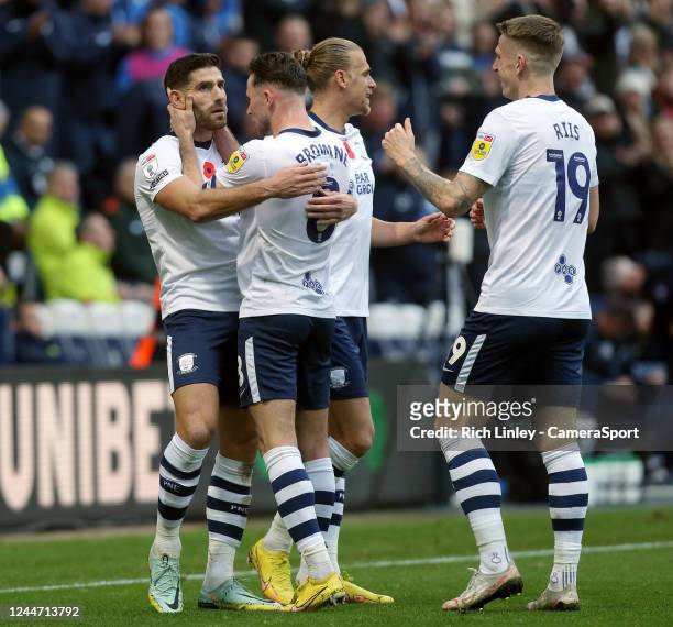 Preston North End's Ched Evans celebrates with team-mates after scoring his side's equalising goal to make the score 2-2 during the Sky Bet...