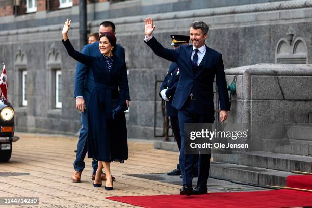 Crown Prince Frederik and Crown Princess Mary arrive at the City Hall during celebration of Queen Margrethe of Denmark at an official lunch at the...