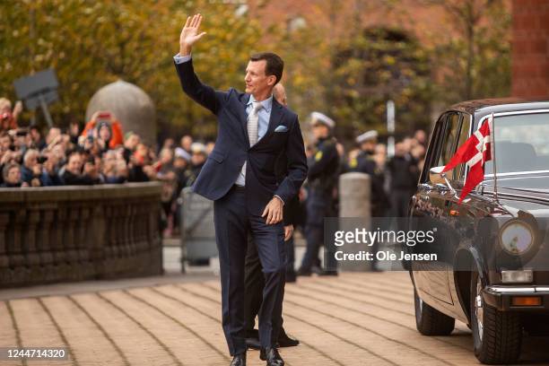 Prince Joachim arrives at the City Hall during celebration of Queen Margrethe of Denmark at an official lunch at the Copenhagen City Hall on the...