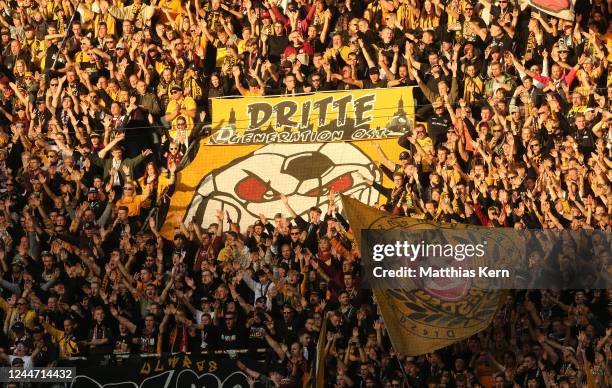 Fans of Dresden are pictured during the 3. Liga match between Dynamo Dresden and FSV Zwickau at Rudolf-Harbig-Stadion on November 12, 2022 in...