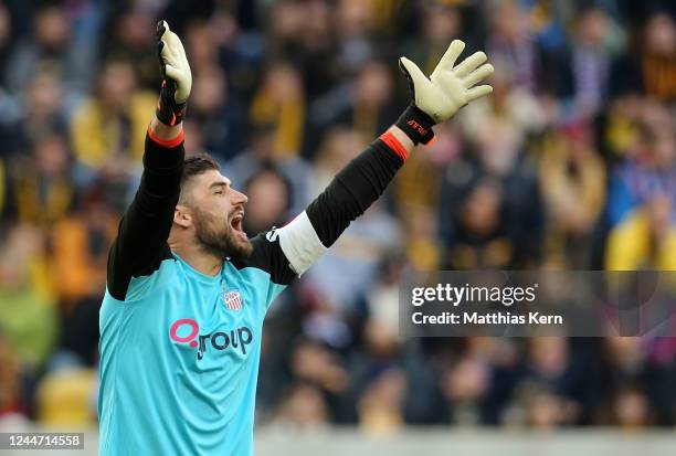 Johannes Brinkies of Zwickau reacts during the 3. Liga match between Dynamo Dresden and FSV Zwickau at Rudolf-Harbig-Stadion on November 12, 2022 in...