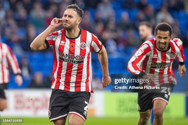 George Baldock of Sheffield United celebrates scoring during the Sky Bet Championship match between Cardiff City and Sheffield United at the Cardiff...