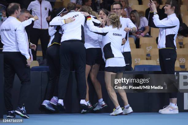 Team Germany celebrate win against Croatia during the Day Two of the Billie Jean King Cup Play-Offs match beteween Croatia and Germany at Sports Hall...