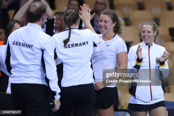 Team Germany celebrate win against Croatia during the Day Two of the Billie Jean King Cup Play-Offs match beteween Croatia and Germany at Sports Hall...