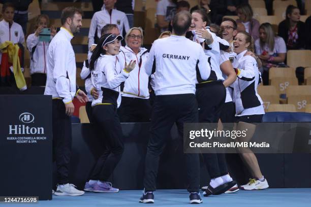 Team Germany celebrate win against Croatia during the Day Two of the Billie Jean King Cup Play-Offs match beteween Croatia and Germany at Sports Hall...