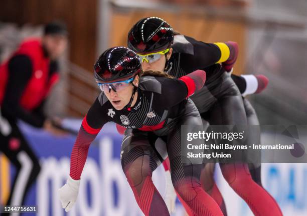 Team Canada, I. Blondin, V. Maltais, I. Weidemann competes in the Team Pursuit Women Division A, during Day 2 of the ISU World Cup Speed Skating at...